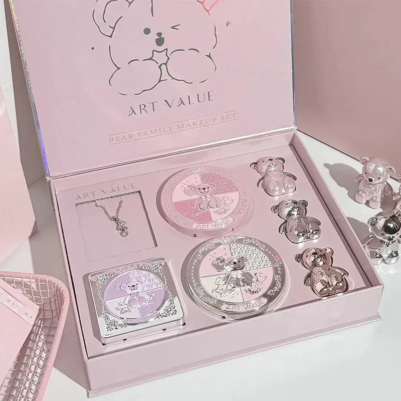 Art Value 7 Piece Makeup Set With Matte Lip Mud In Three Colors Pressed Powder Blush Eye Palette And Necklace