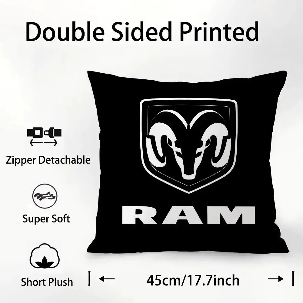 RAM car logo pillow case, double-sided printed on black plush fabric, detachable zipper, 45cm/17.7in cushion cover.