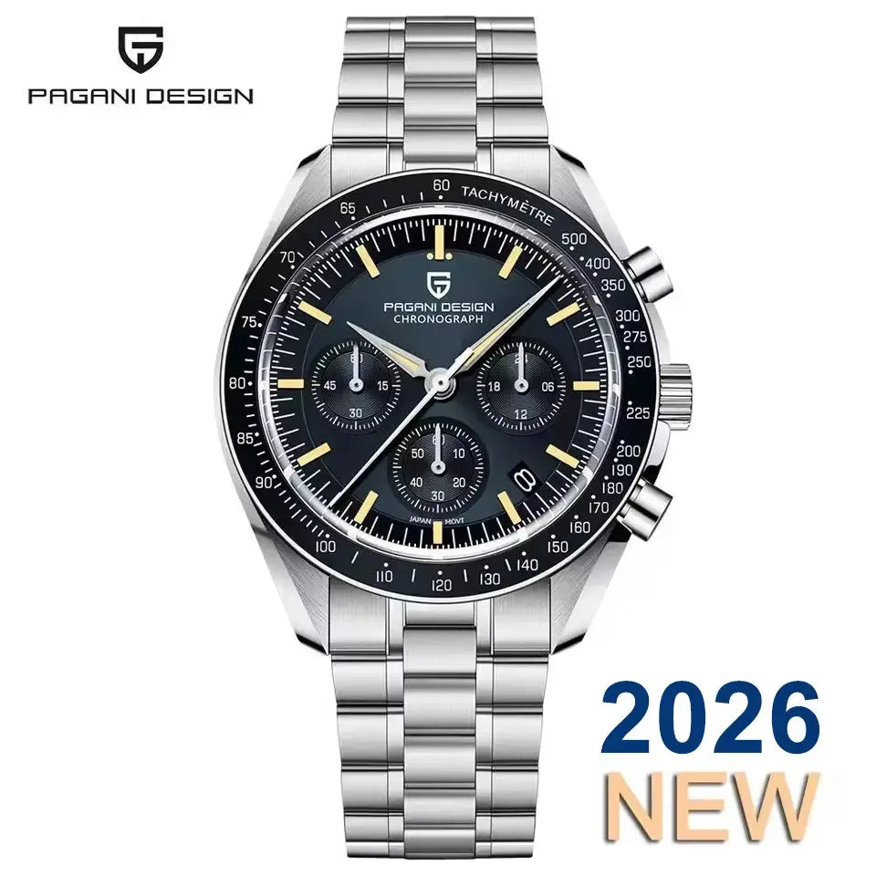 Pagani Design VK63 Chronograph men's watch with stainless steel bracelet, black dial and tachymeter bezel
