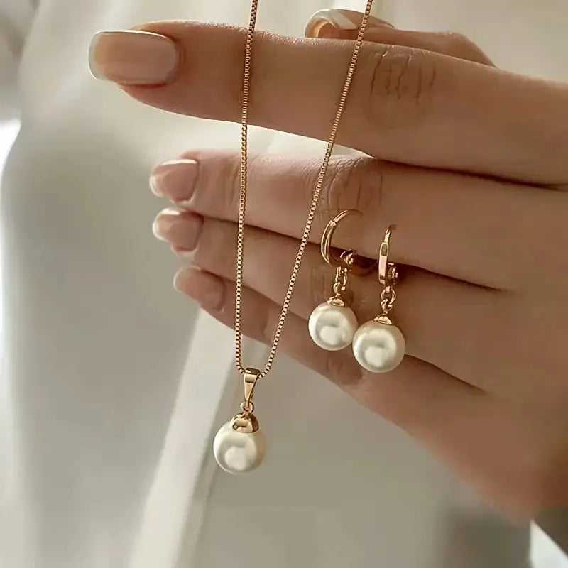 Elegant Imitation Pearl Pendant Jewelry Set for Women Vintage Gold Color Necklace and Earrings Gifts for Wedding Party