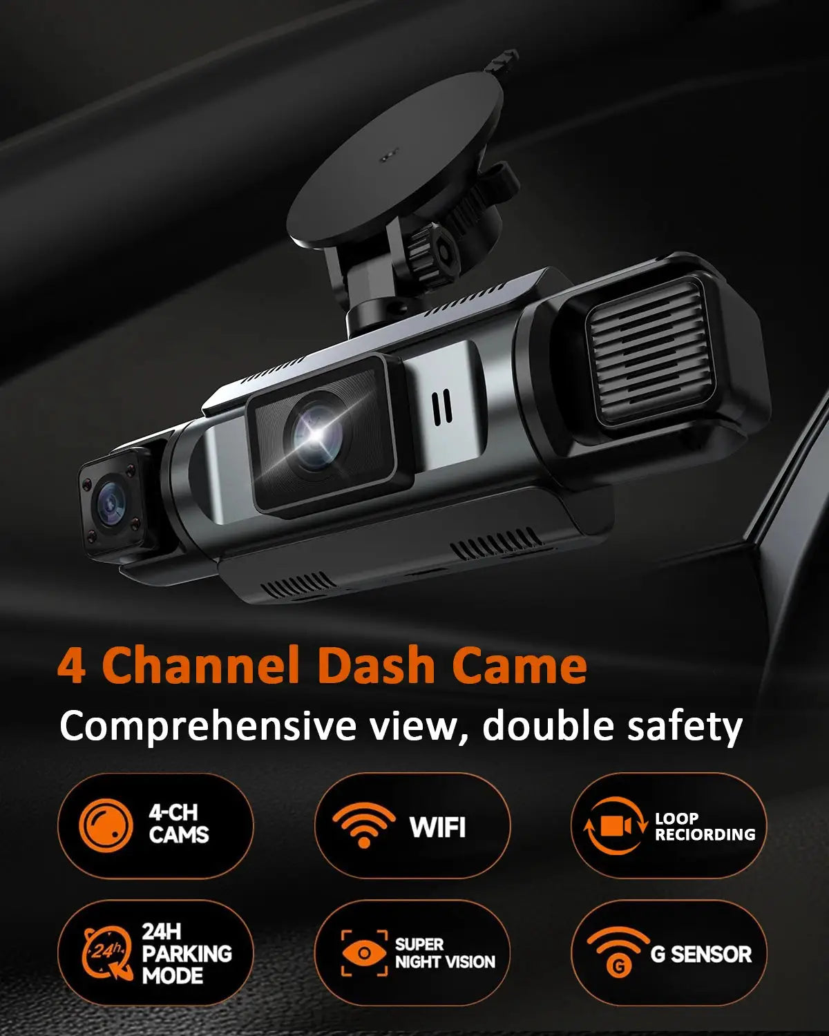 Simples Market 4-channel WiFi dash cam in black with front, left, right and rear cameras on a windshield mount