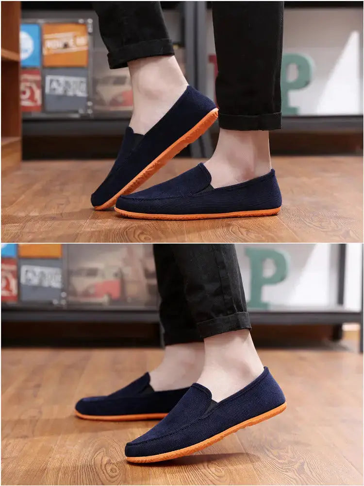 Men's navy blue fabric loafers with orange sole, slip-on driving moccasins