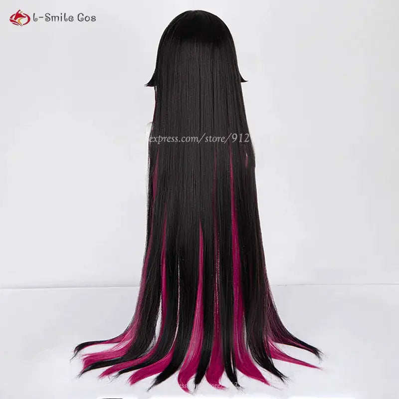 Columbina Fatui cosplay wig; long straight black hair with pink ends, heat-resistant synthetic, includes wig cap