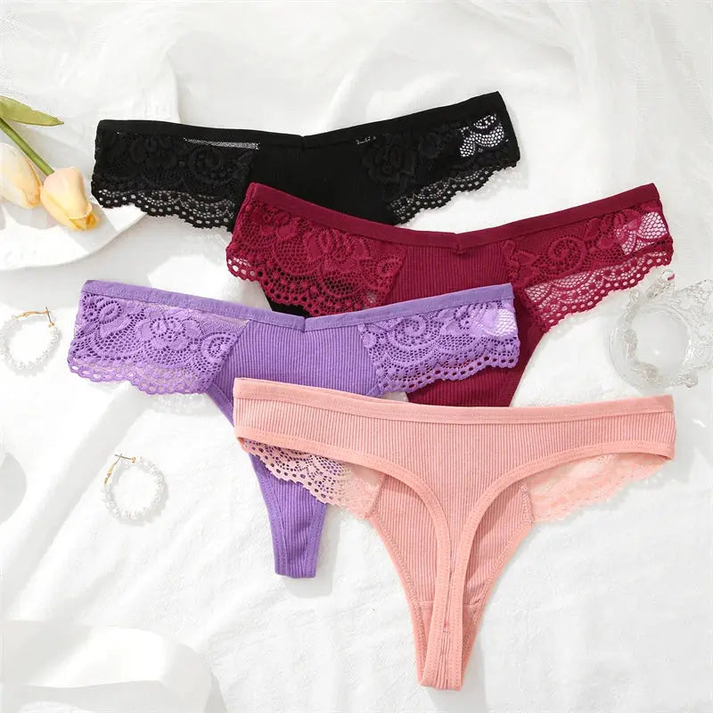 FINETOO 4-piece women's cotton lace thong set in black, burgundy, purple and peach