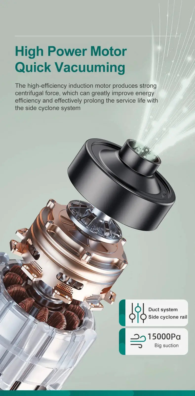 Simples Market handheld cordless vacuum cleaner with powerful suction; exploded view shows black body and copper motor parts.