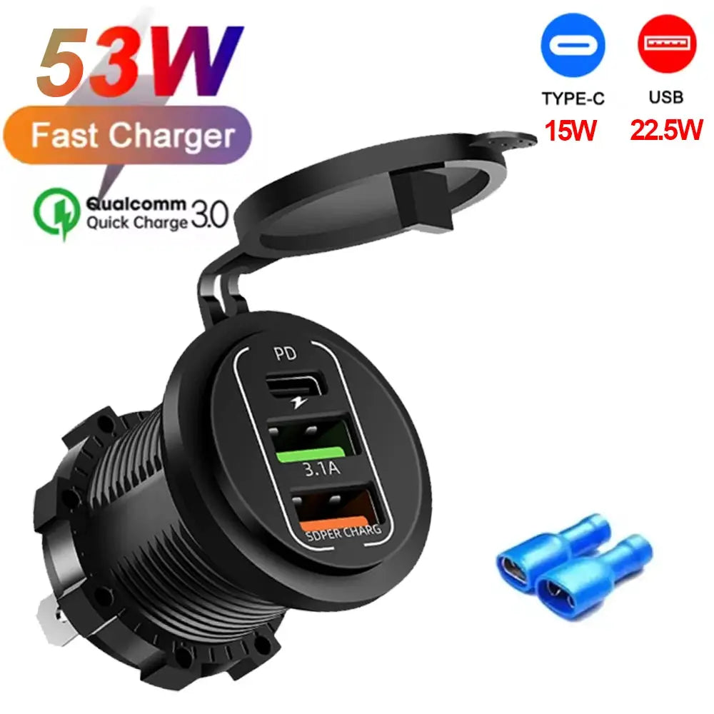117W Dual PD USB Car Charger With Dual QC 3.0 Ports Voltmeter Waterproof 12V 24V Power Outlet For Car Boat