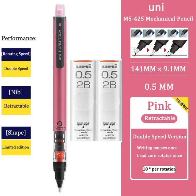 Uni Kurutoga M5-452 pink mechanical pencil with 0.5mm lead, retractable, includes two lead refills