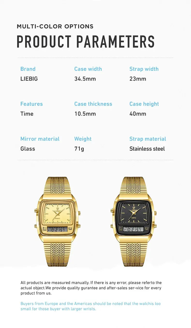 Two gold LIEBIG men's watches with stainless steel bracelets and digital sub-displays.