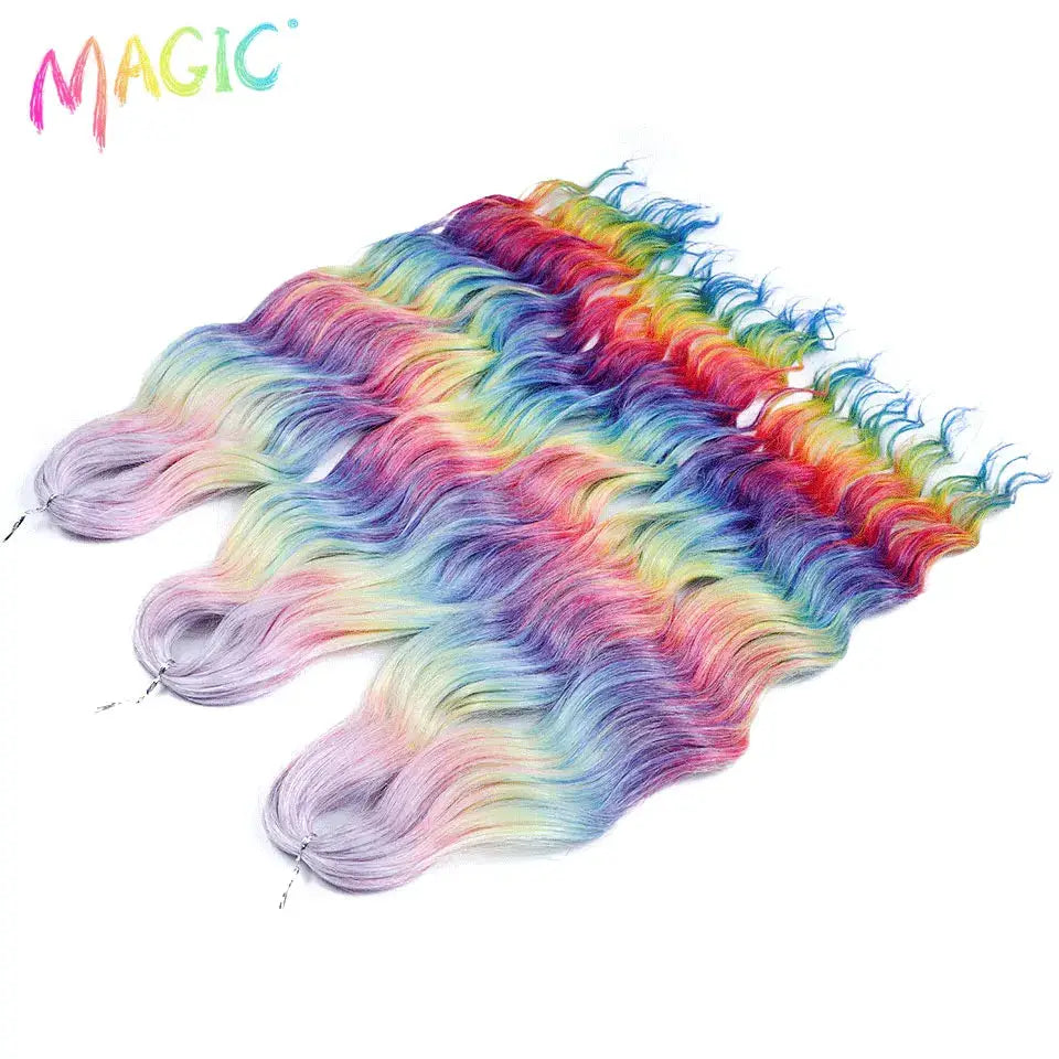 Anna synthetic hair extensions, 24-inch water-wave braiding, rainbow ombre bundles (5)