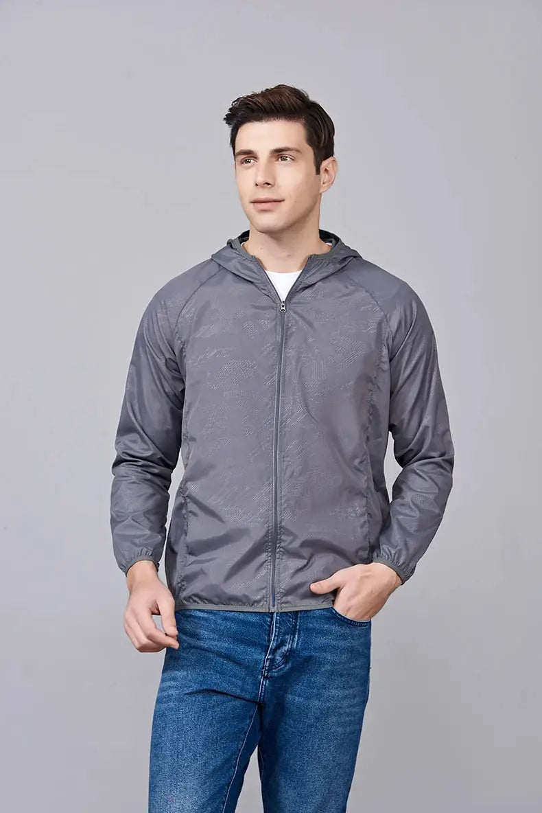 JNLN unisex hiking jacket in gray, hooded waterproof windbreaker with zip front