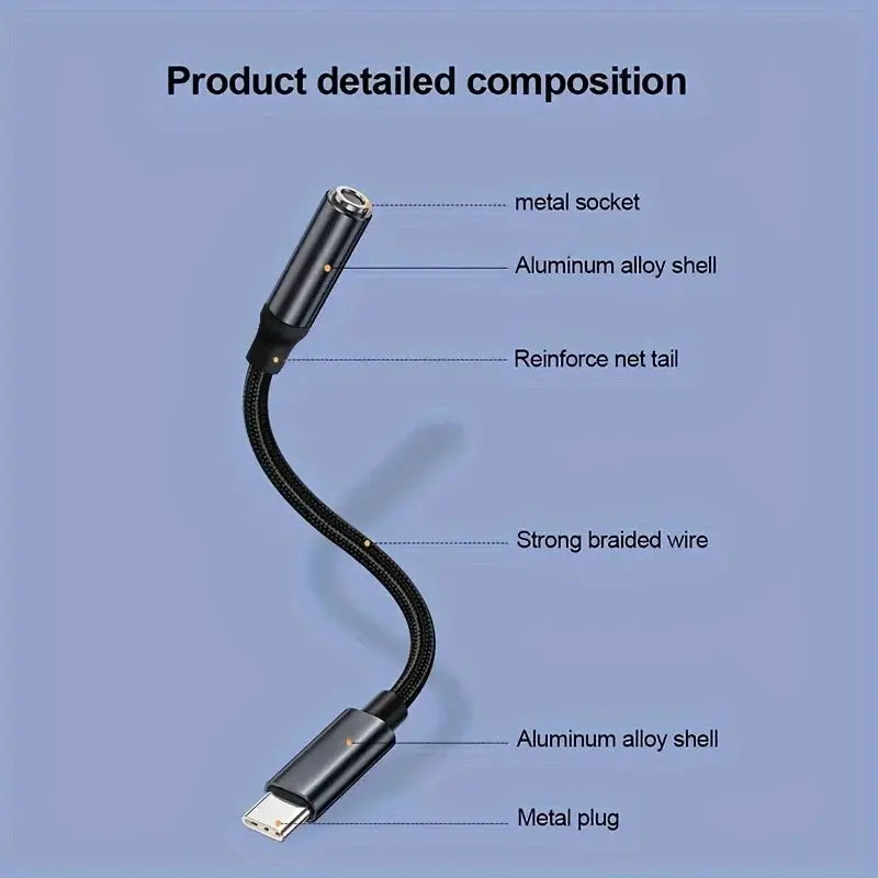 Simples Market USB-C to 3.5mm headphone adapter with black braided cable and aluminum alloy shells