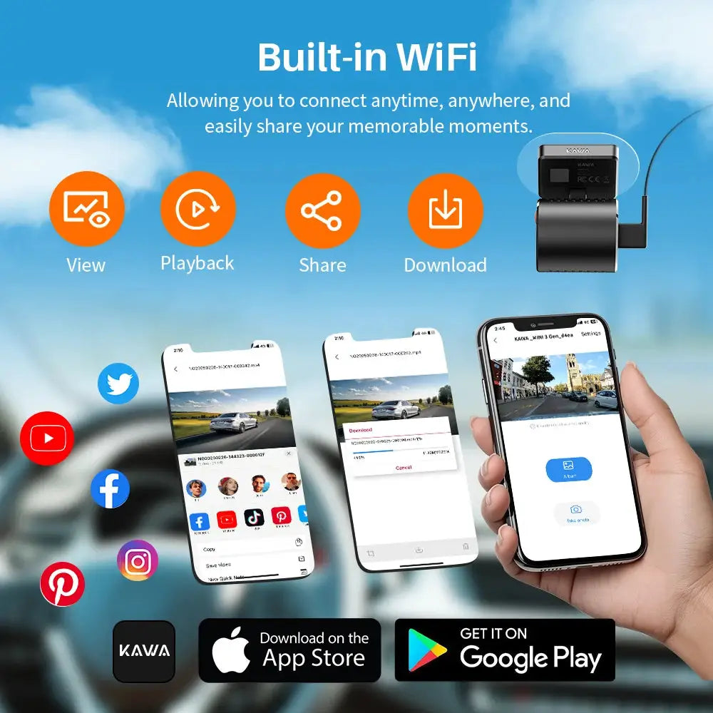 KAWA MINI 3 Gen2 dash cam, black, with built-in WiFi, night vision, 2K video, app control