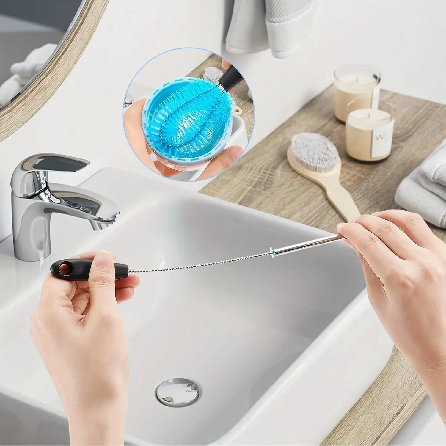 3-in-1 stainless steel water bottle brush set with long handle and blue circular head