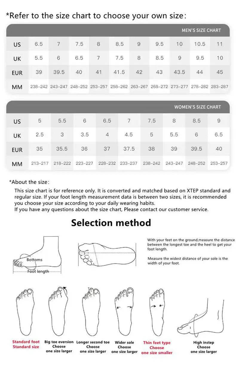 Xtep 360X Pro running shoes size charts by Simples Market; two charts show men's and women's US/UK/EU sizes.