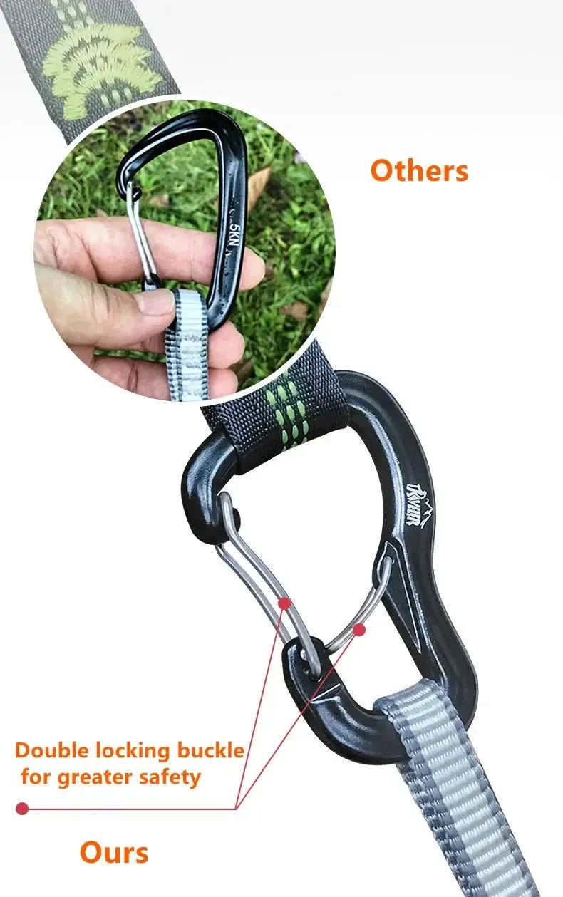Outdoor hammock double locking buckle system with black aluminum alloy quick-hanging buckle and gray strap
