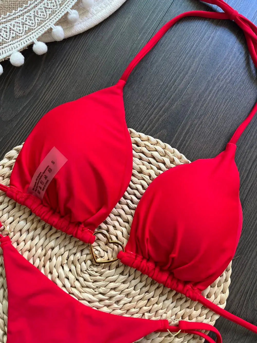 Red RUOTONSEPT two-piece halter bikini with triangle top and string bottoms