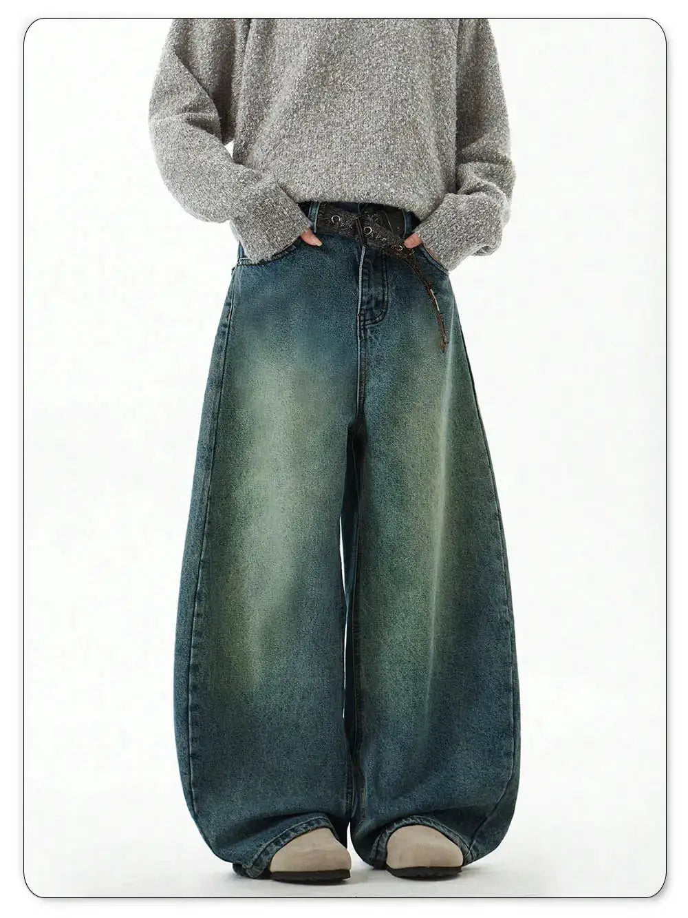 Men's blue wide-leg denim pants, high-rise baggy jeans with a loose fit