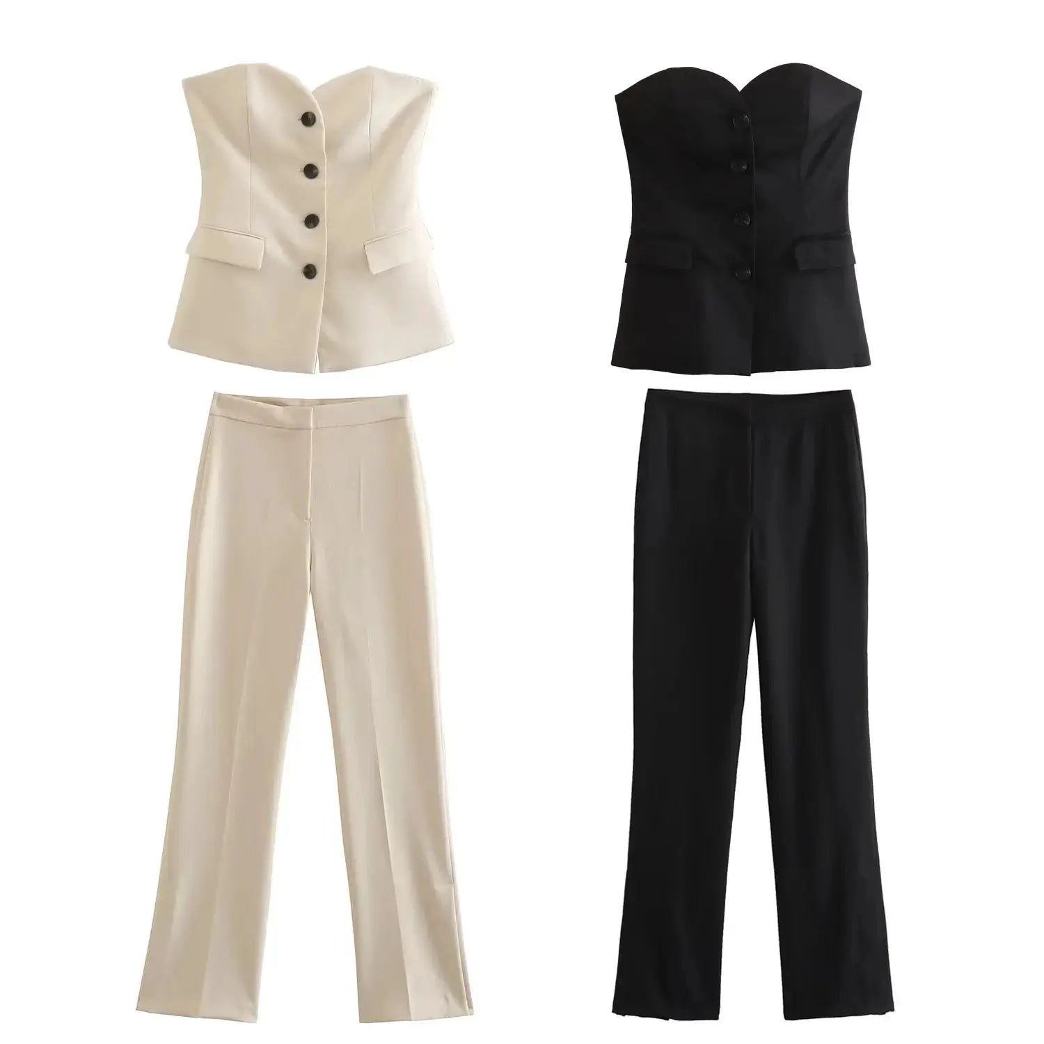 Women Elegant Strapless Tank Top Pant Suit With Side Slit Trousers