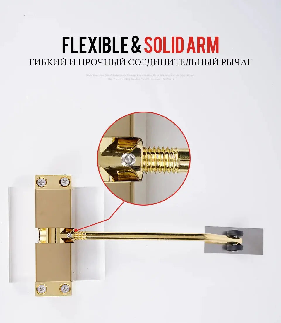 KAK stainless steel automatic spring door closer with brass-gold finish and adjustable arm by Simples Market.