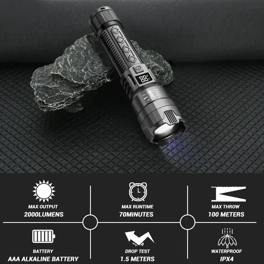 Simples Market high power LED flashlight, black USB rechargeable, waterproof and zoomable beam