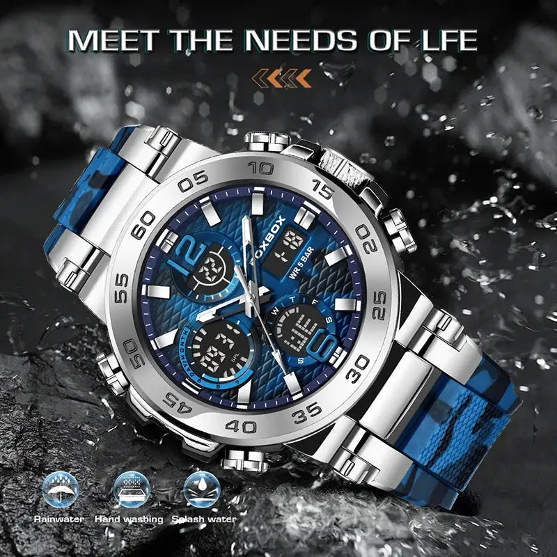 LIGE electronic men's wristwatch with blue dial and stainless steel band; waterproof.