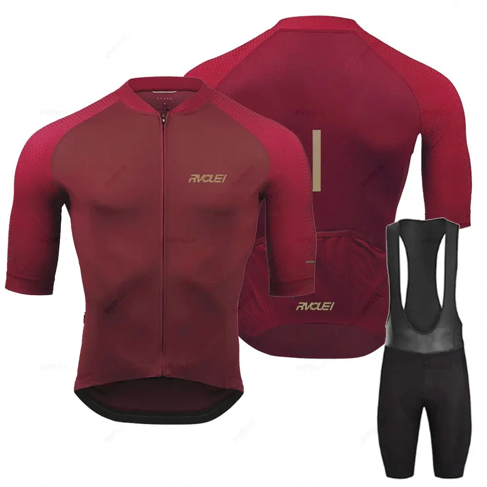 Rvouei Pro Team men's cycling jersey set, red breathable two-piece with full zipper and black bib shorts