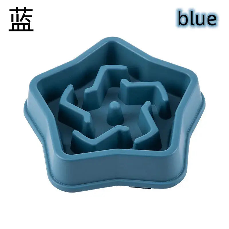 Star-shaped blue slow-feeder pet bowl with anti-choking design and non-slip base