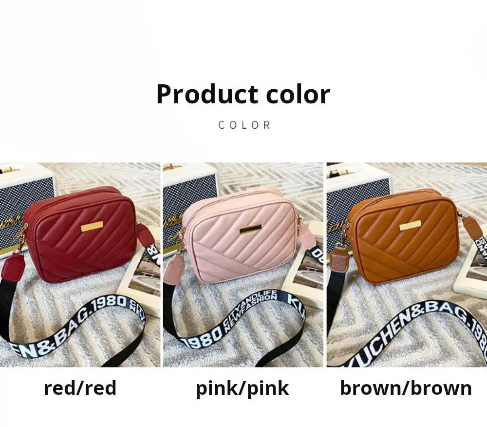 Shoulder bag set: PU quilted crossbody camera bags in red, pink, and brown with gold hardware