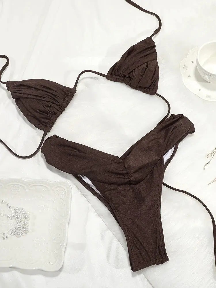 Brown string bikini set with triangle ruched cups and high-cut thong bottom