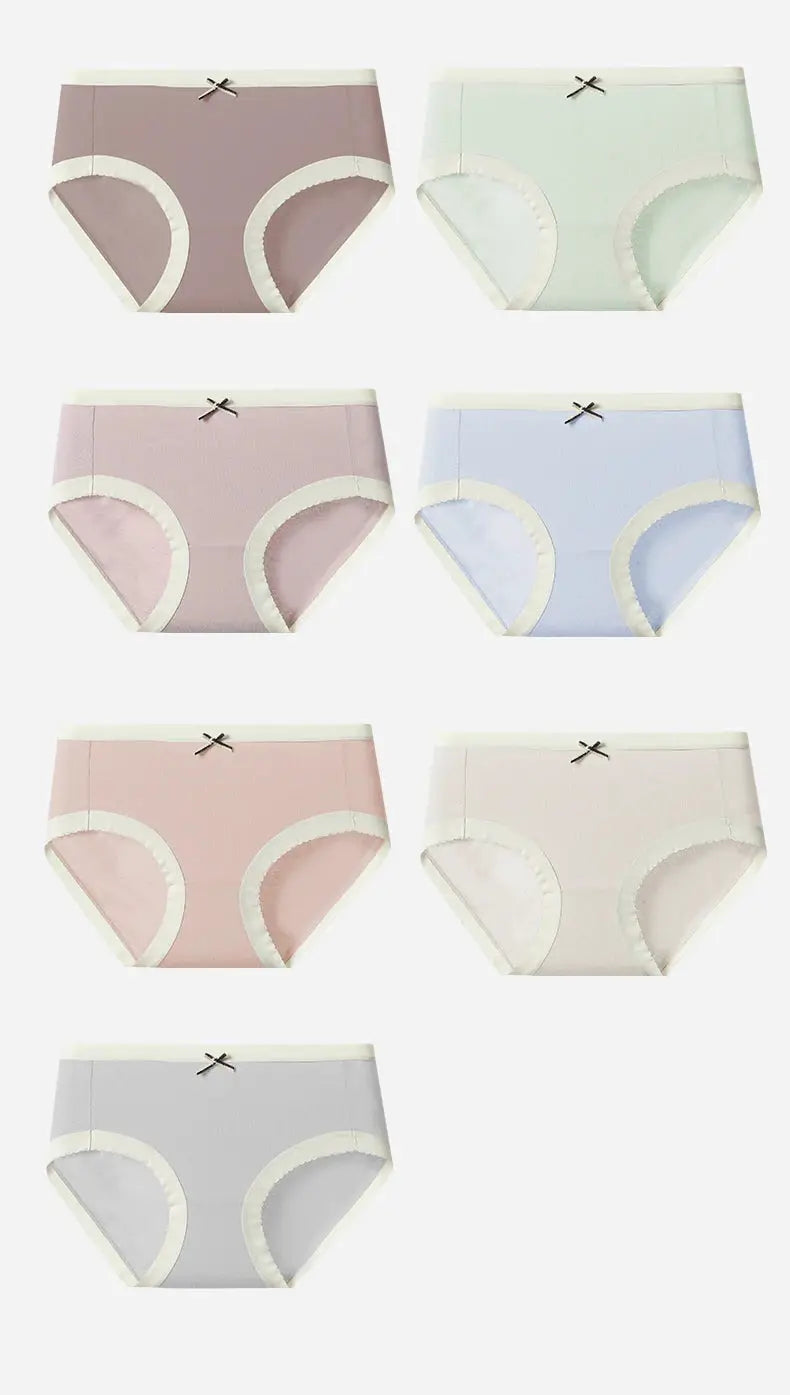7Pcs women's cotton panties with small bows in pastel colors, breathable low-rise underwear set