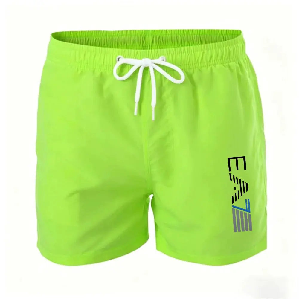 Men's Swim Trunks neon lime with white drawstring, elastic waist, EA7 logo on leg