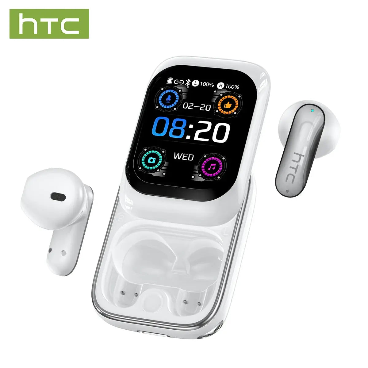 HTC NE48 TWS wireless earbuds with touchscreen charging case, white pair