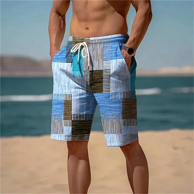 Men's square patchwork beach shorts in blue-brown plaid with drawstring, quick-dry swim trunks.