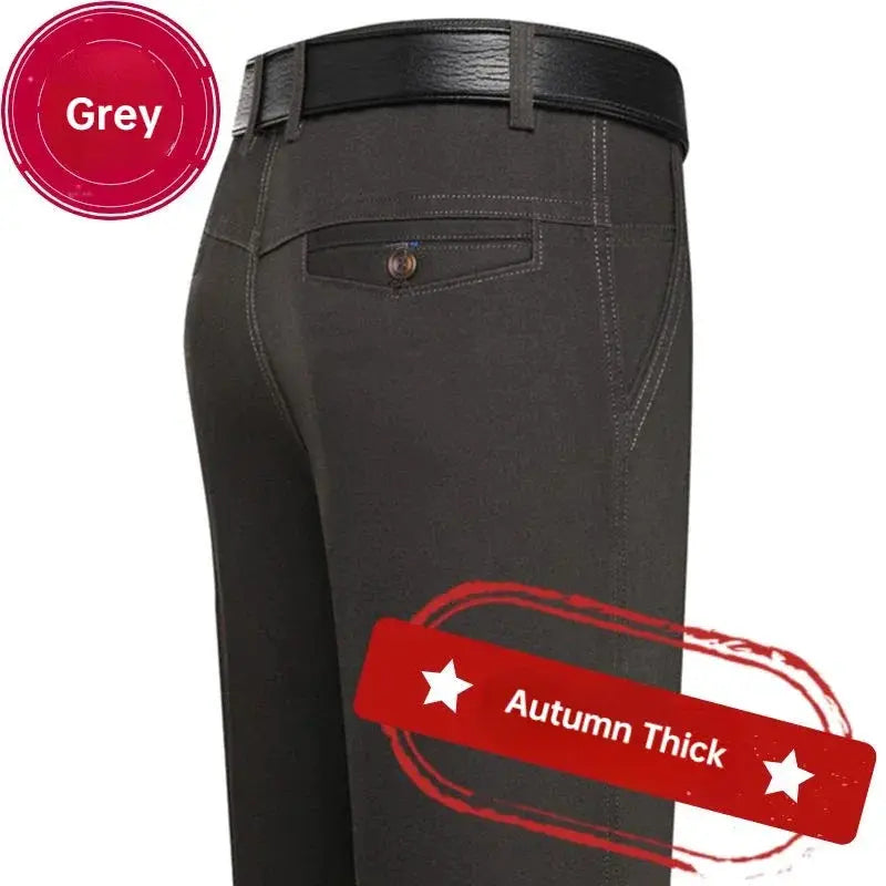 Men's grey dress pants with back pocket and black belt, straight fit