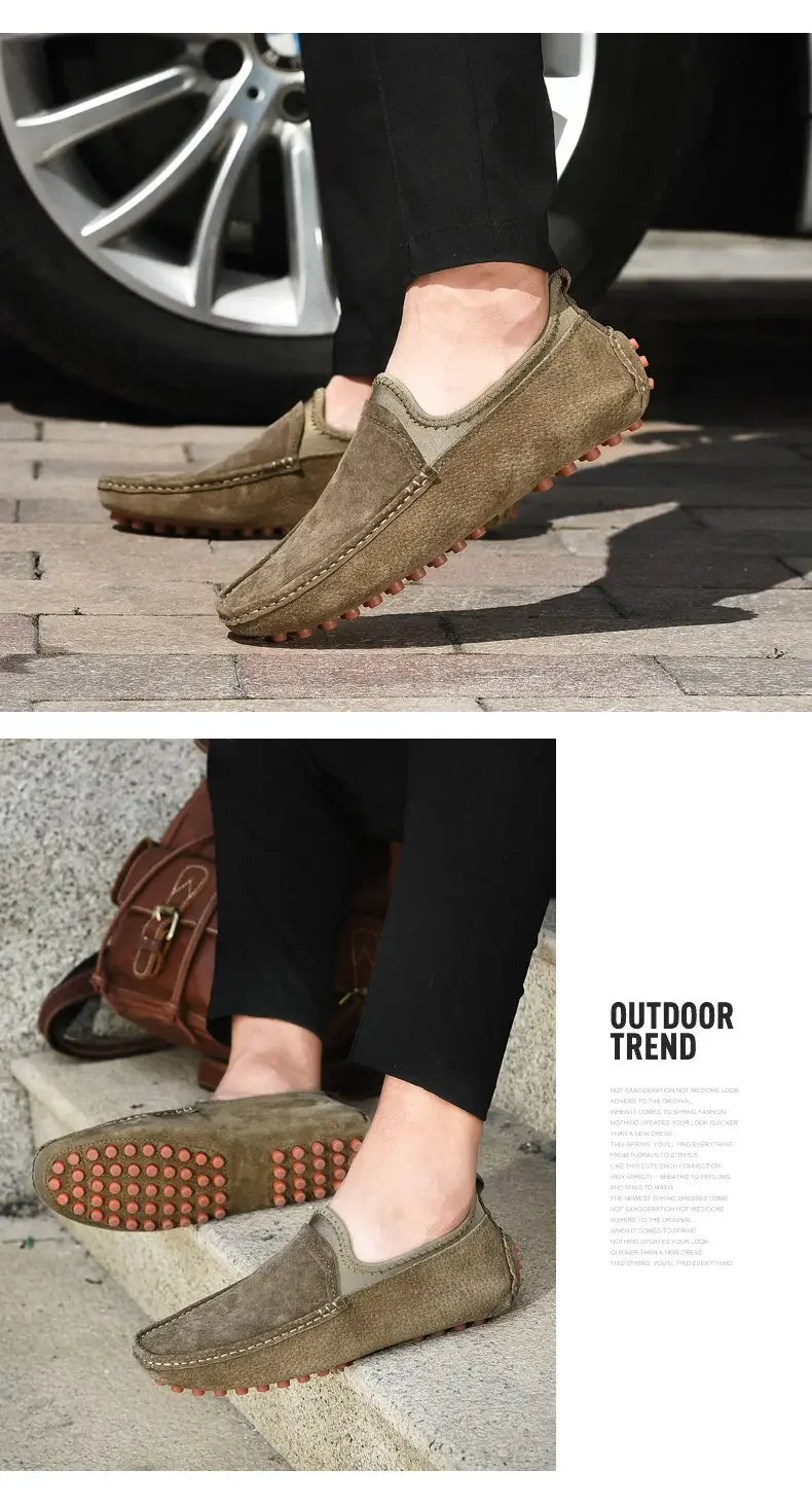 Men's driving shoes in olive-brown suede with rubber-nub sole for casual outdoor wear.