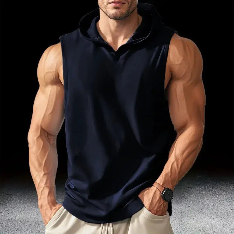 Men's sleeveless hooded gym tank top, navy solid color athletic tee