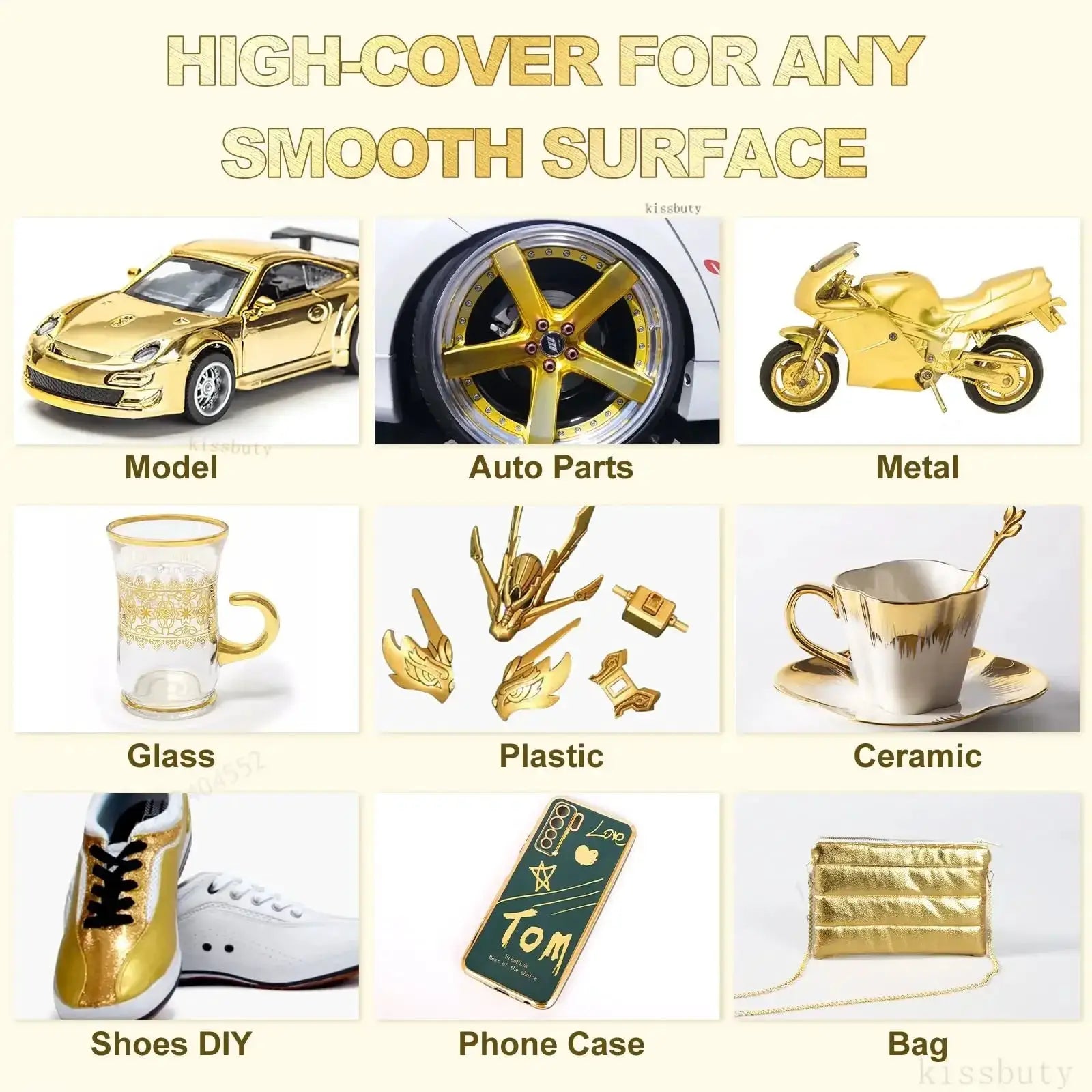 Simples Market chrome mirror marker pen in silver; gold-themed collage of model car, wheel, motorcycle, glass, and accessories