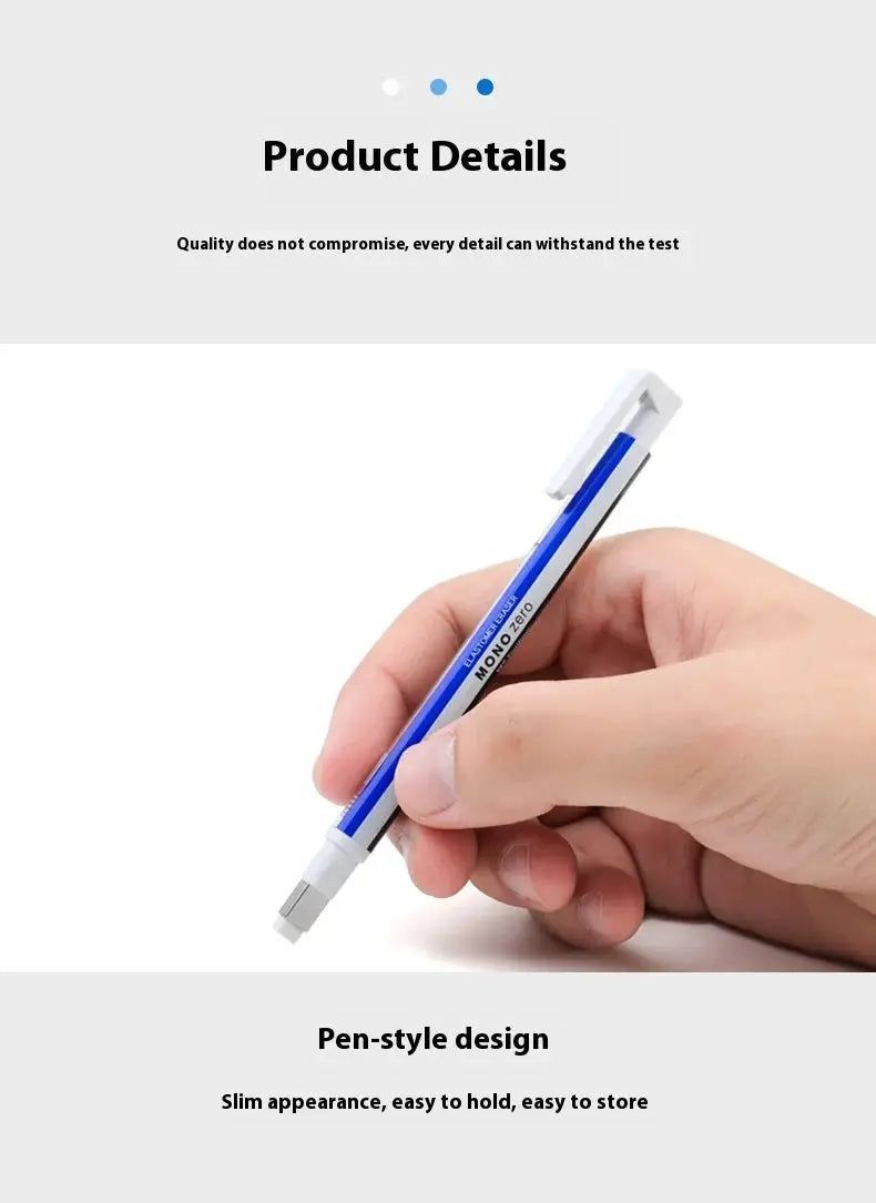 Tombow MONO Zero eraser pen with blue/gray barrel and white eraser tip.