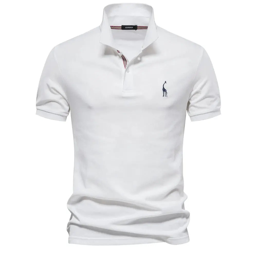 AIOPESON men's white cotton polo shirt with short sleeves, solid color, navy giraffe logo