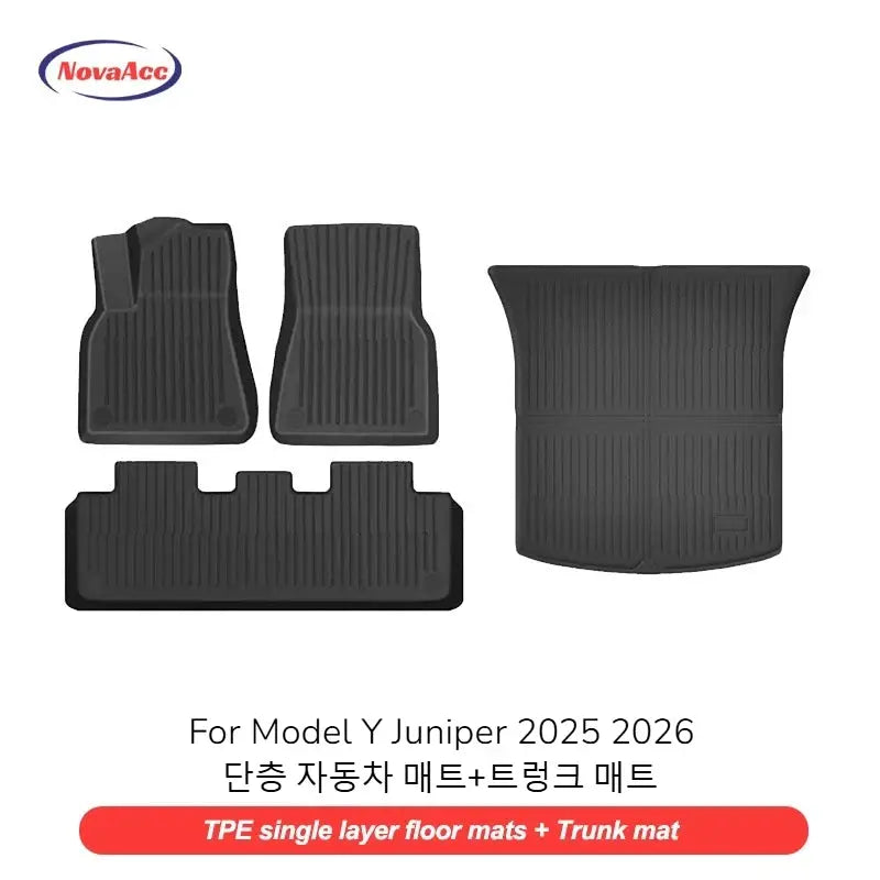 NovaAcc 4-piece all-weather floor mats and trunk mat set for Tesla Model Y Juniper 2025–2026, black TPE