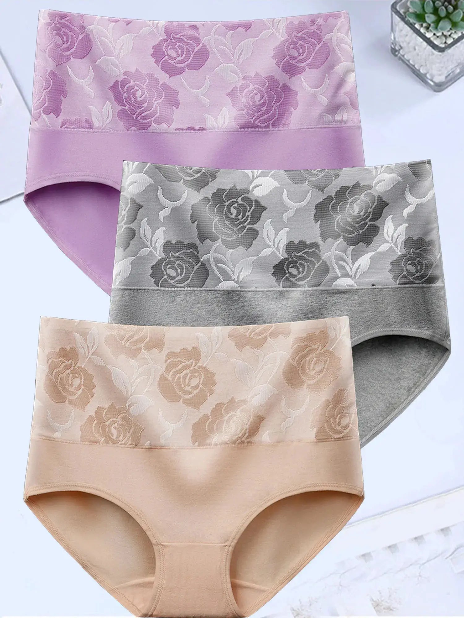 Simples Market women's cotton high-waist panties, 4-pack with floral rose jacquard pattern in pink, gray and nude tones