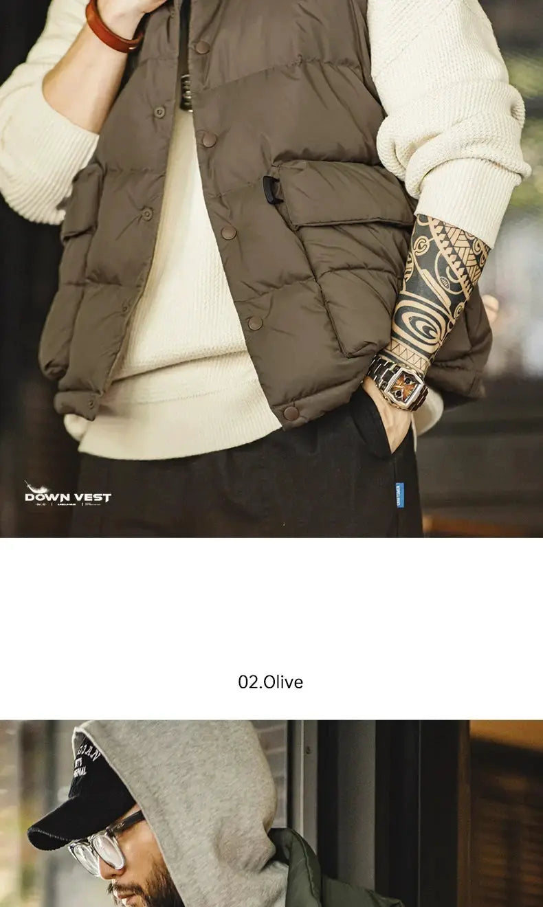 Maden men's olive down vest with double side pockets; quilted, padded outerwear.