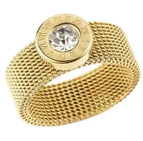 Gold Stainless Steel Ring With Round Bead And Clear Crystal Zircon Waterproof Everyday Fine Jewelry