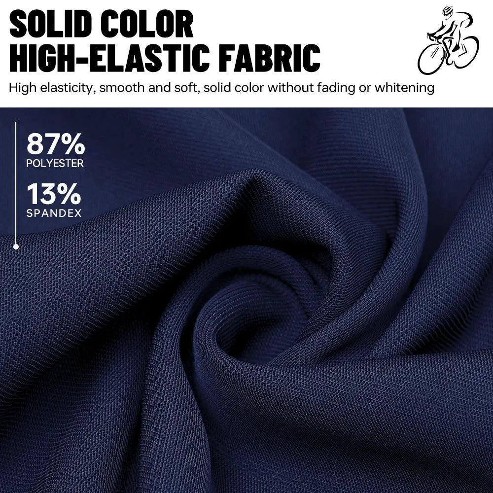 PHMAX cycling bib shorts fabric swatch in navy blue, 87% polyester 13% spandex.