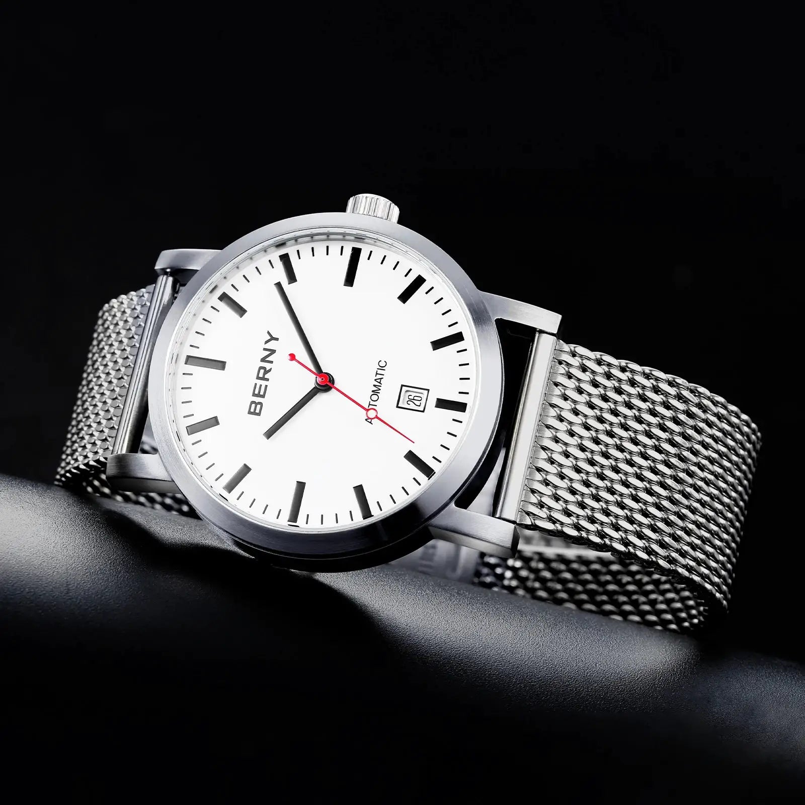 BERNY men's wristwatch with white dial, stainless steel mesh band, automatic movement, 5ATM waterproof