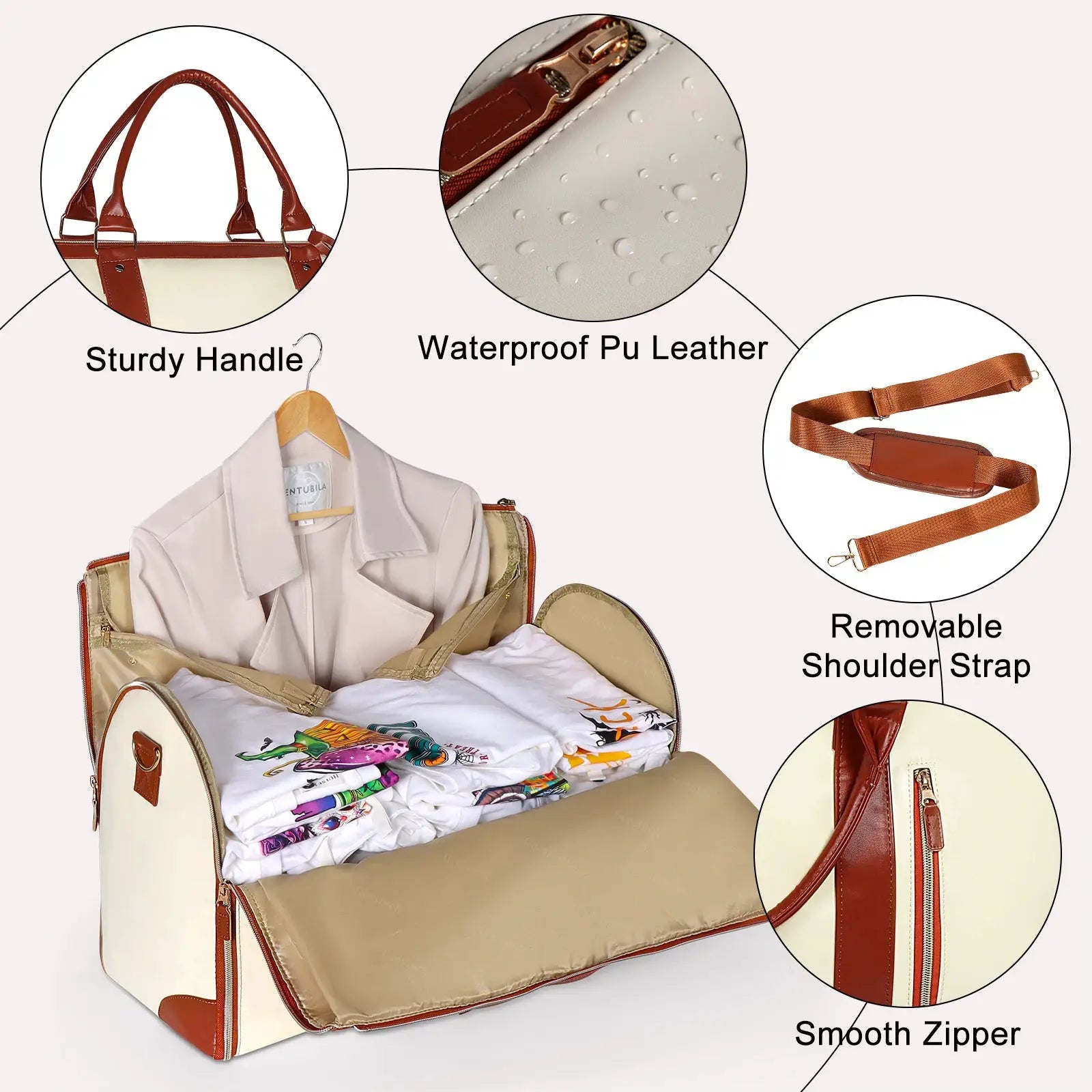 Foldable handbag by Simples Market in cream PU leather with brown trim, travel clothes organizer.