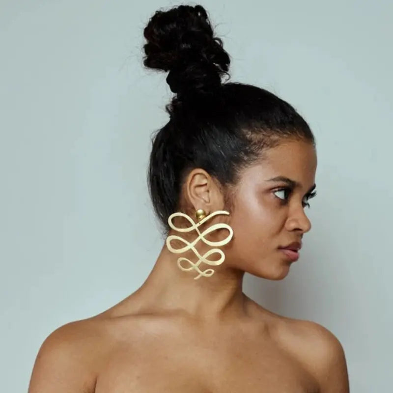 Large squiggle dangle earrings, gold-tone metal, African jewelry, 1 pair