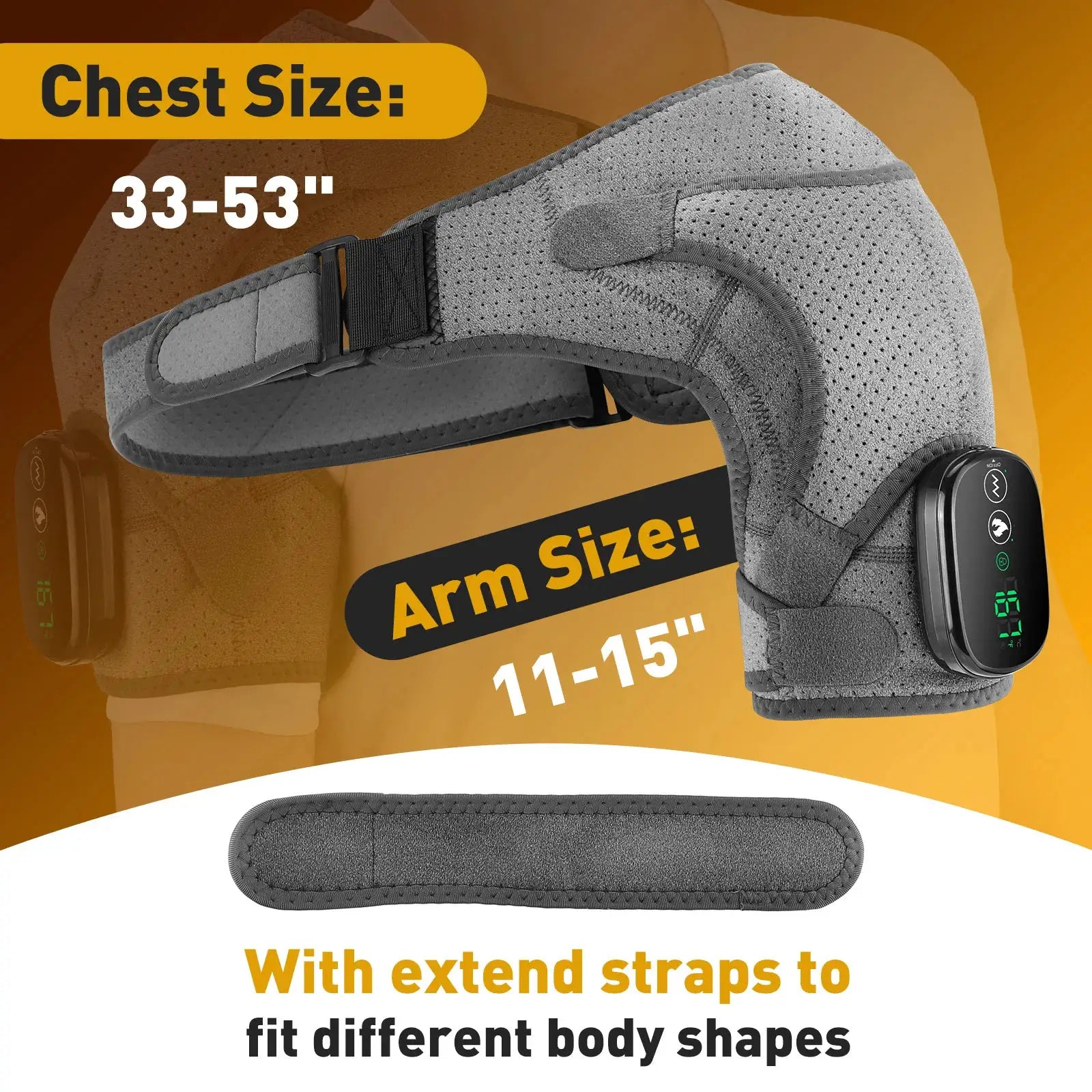 Electric heated shoulder brace wrap by Simples Market in grey with adjustable strap and control panel.