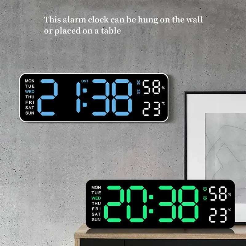 9-inch digital wall clock USB-powered with blue/green LED display showing time, week, humidity and temperature.