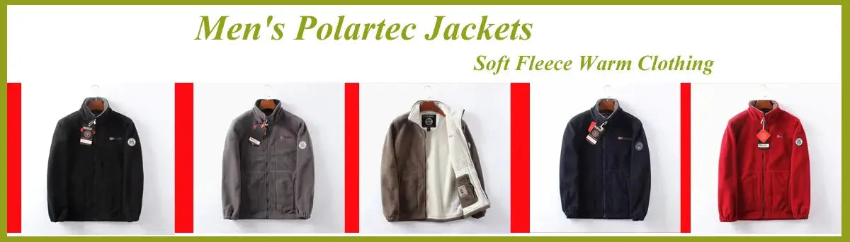 Men's Polartec jackets; five jackets in black, gray, brown, navy, and red.